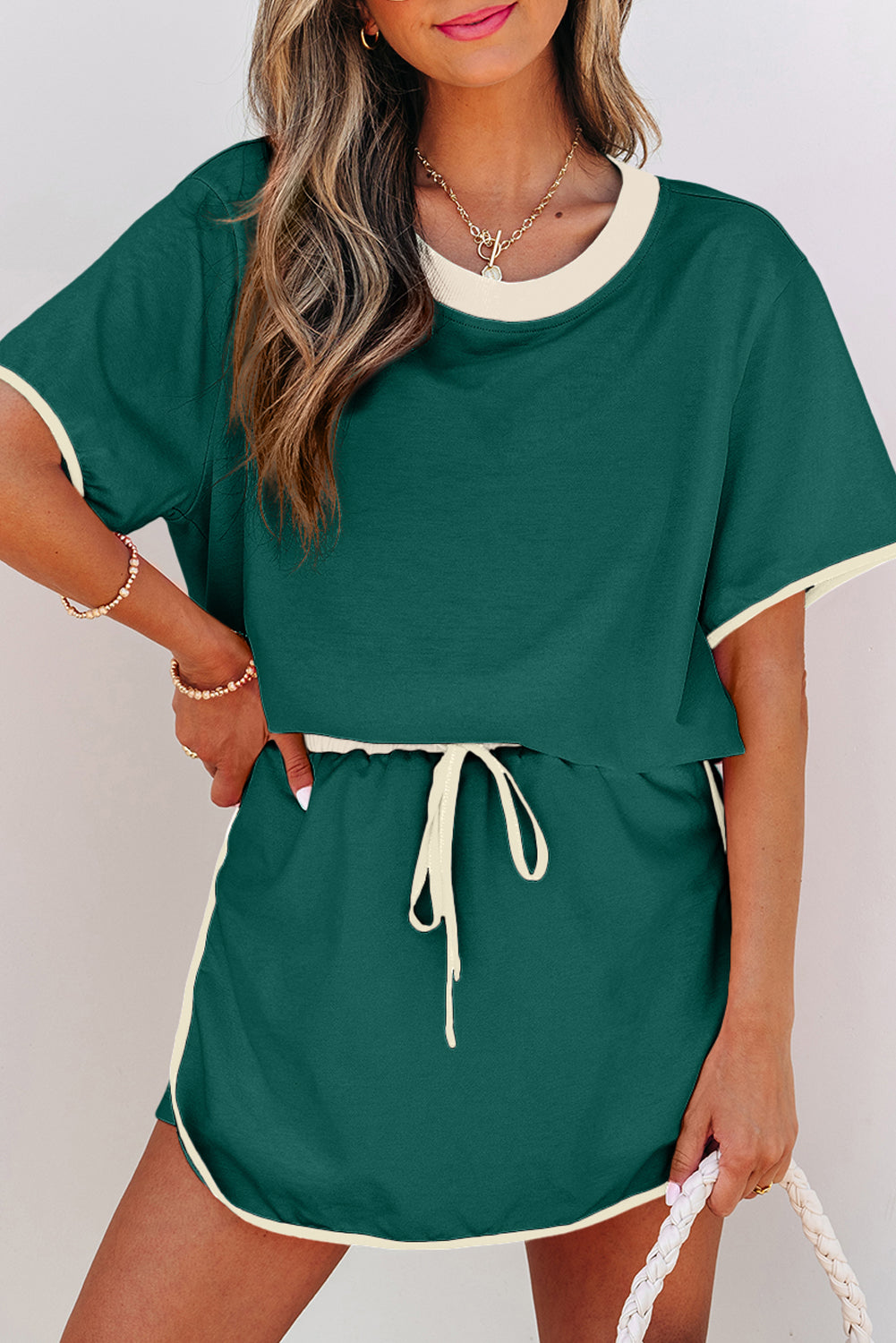 Green Colorblock Edge Drop Shoulder Skort Set