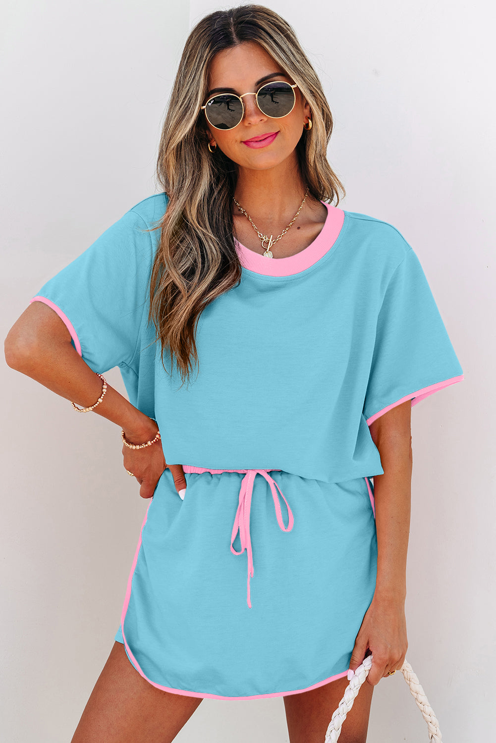Aqua Blue Colorblock Drop Shoulder Skort Set