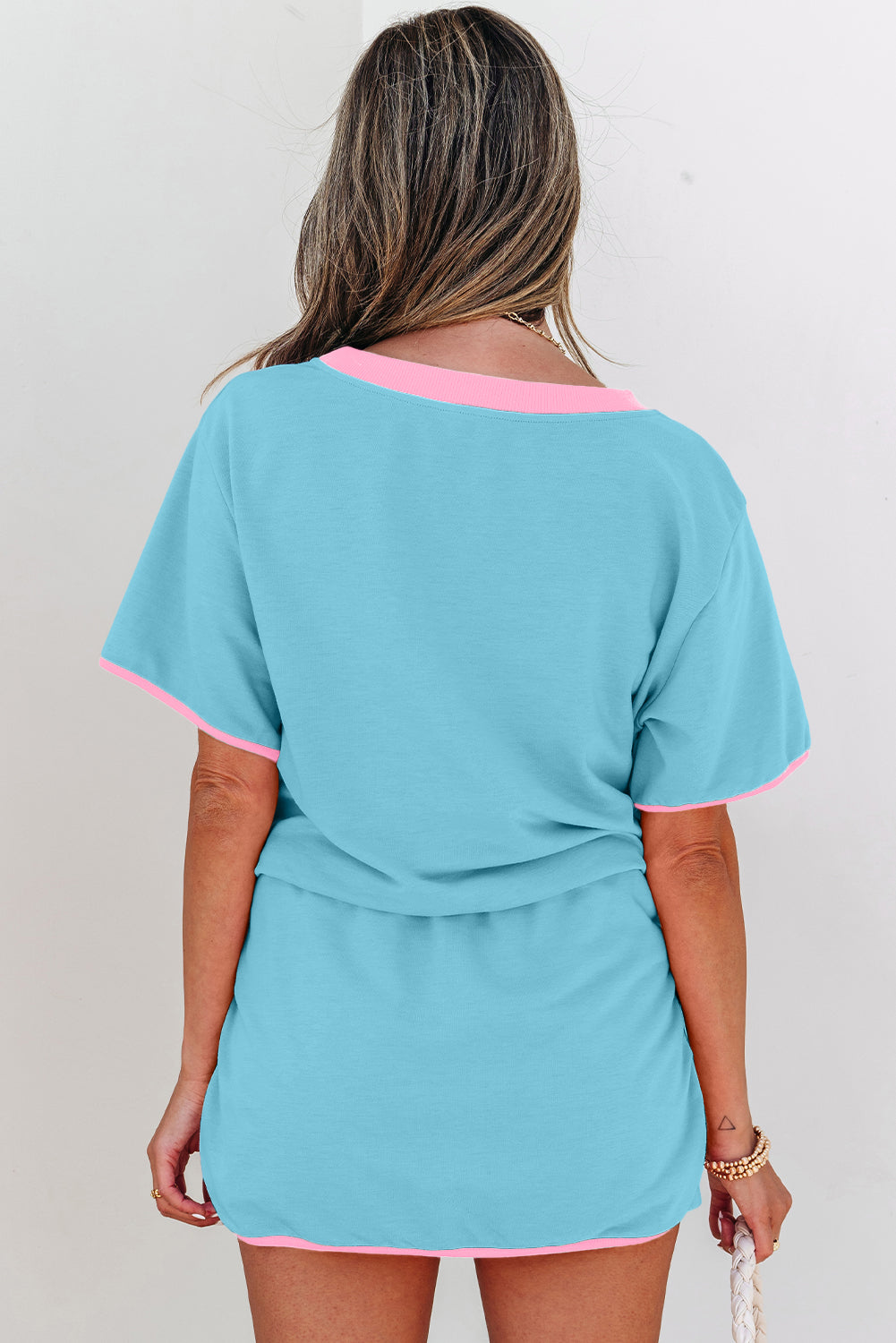 Aqua Blue Colorblock Drop Shoulder Skort Set