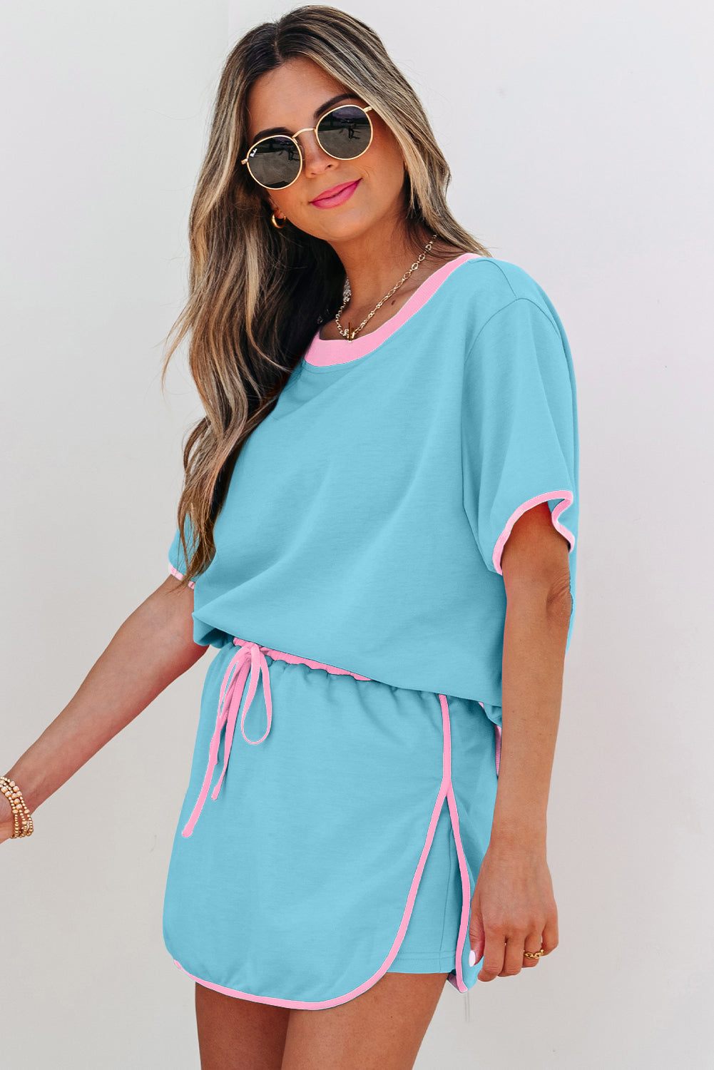 Aqua Blue Colorblock Drop Shoulder Skort Set