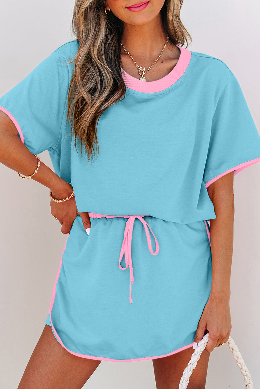 Aqua Blue Colorblock Drop Shoulder Skort Set