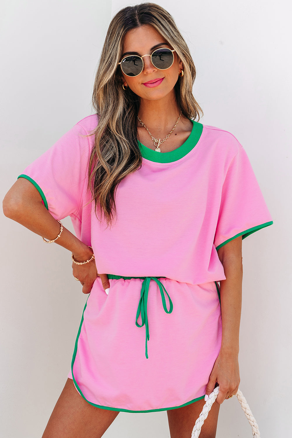 Pink Colorblock Edge Drop Shoulder Skort Set