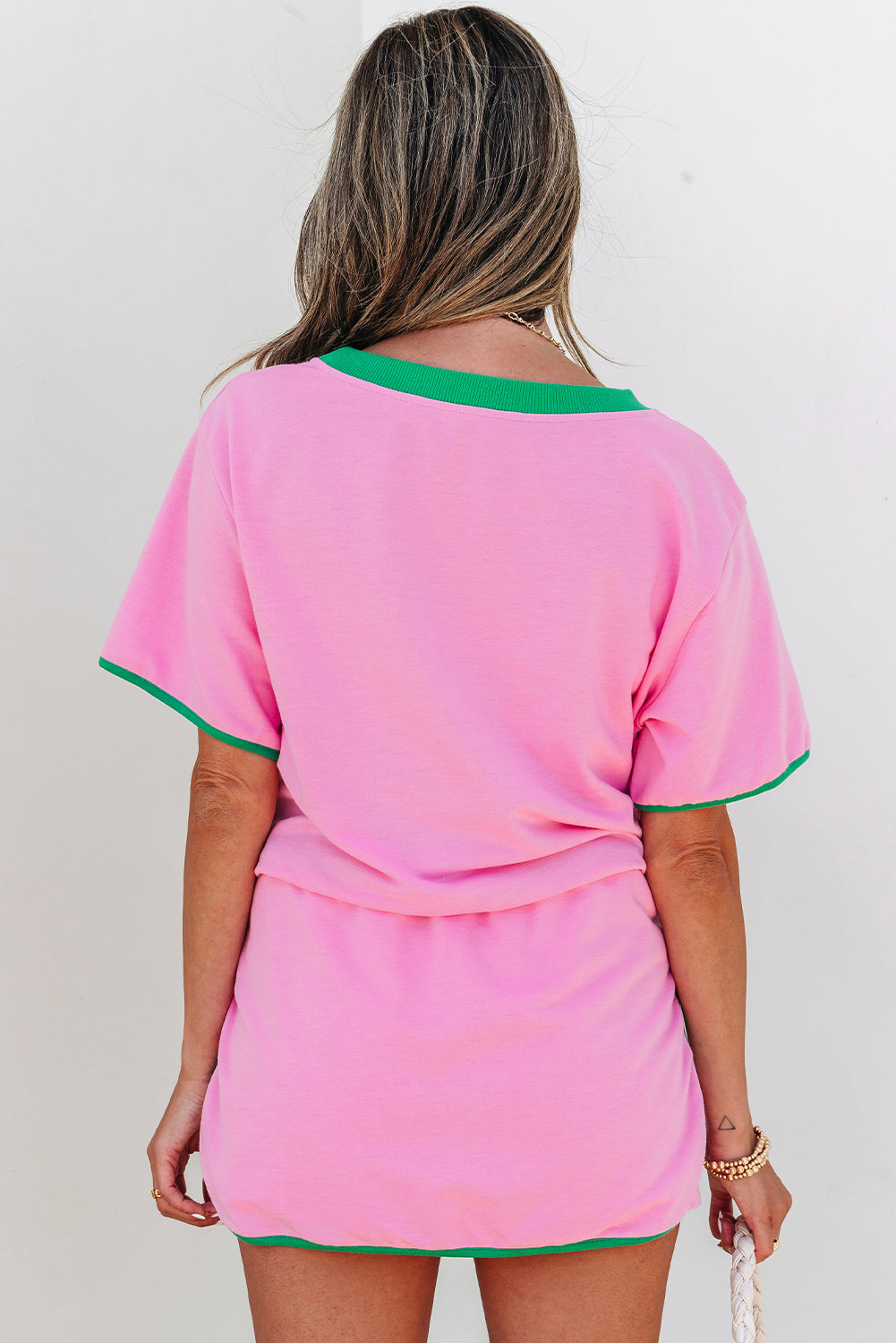 Pink Colorblock Edge Drop Shoulder Skort Set
