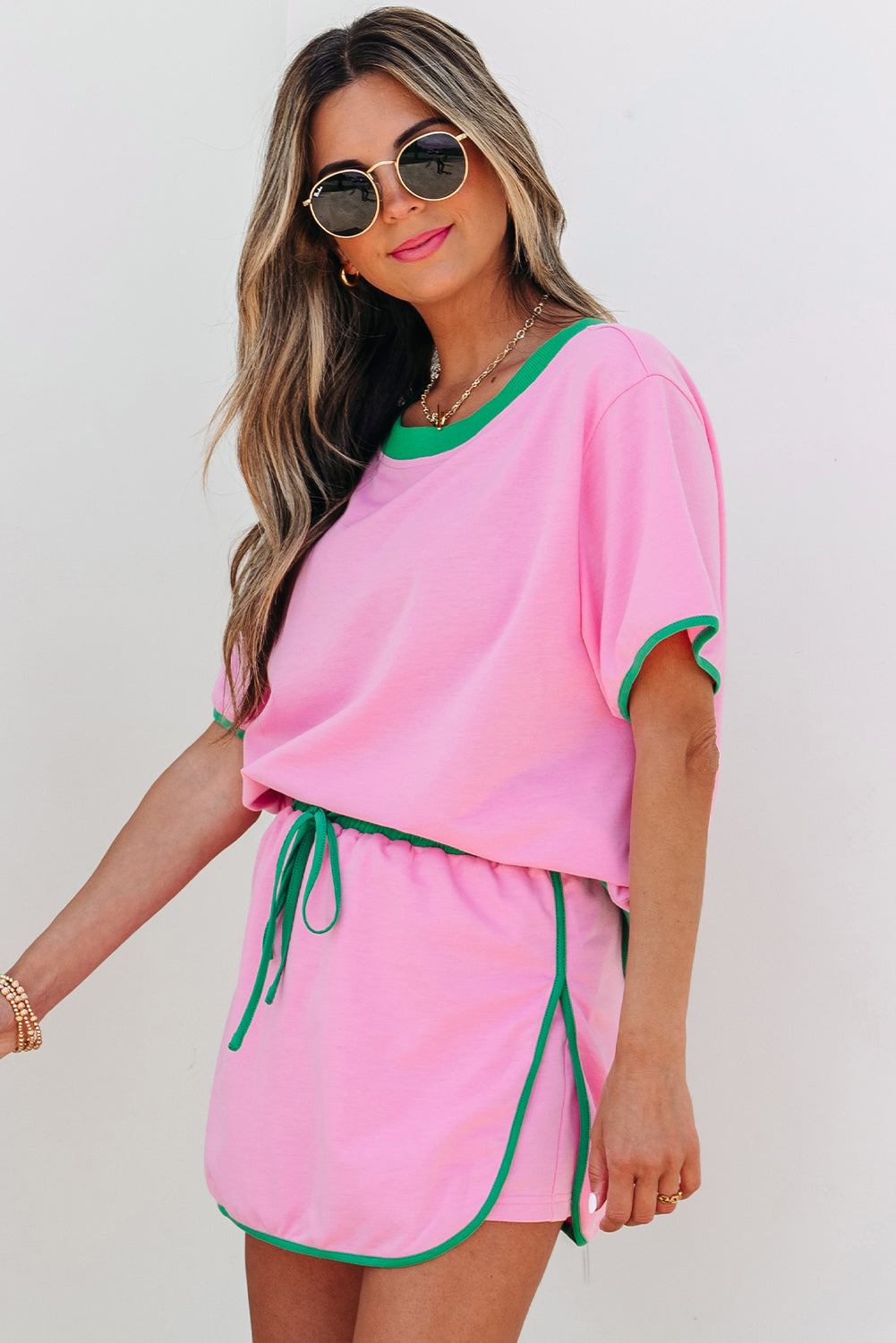 Pink Colorblock Edge Drop Shoulder Skort Set