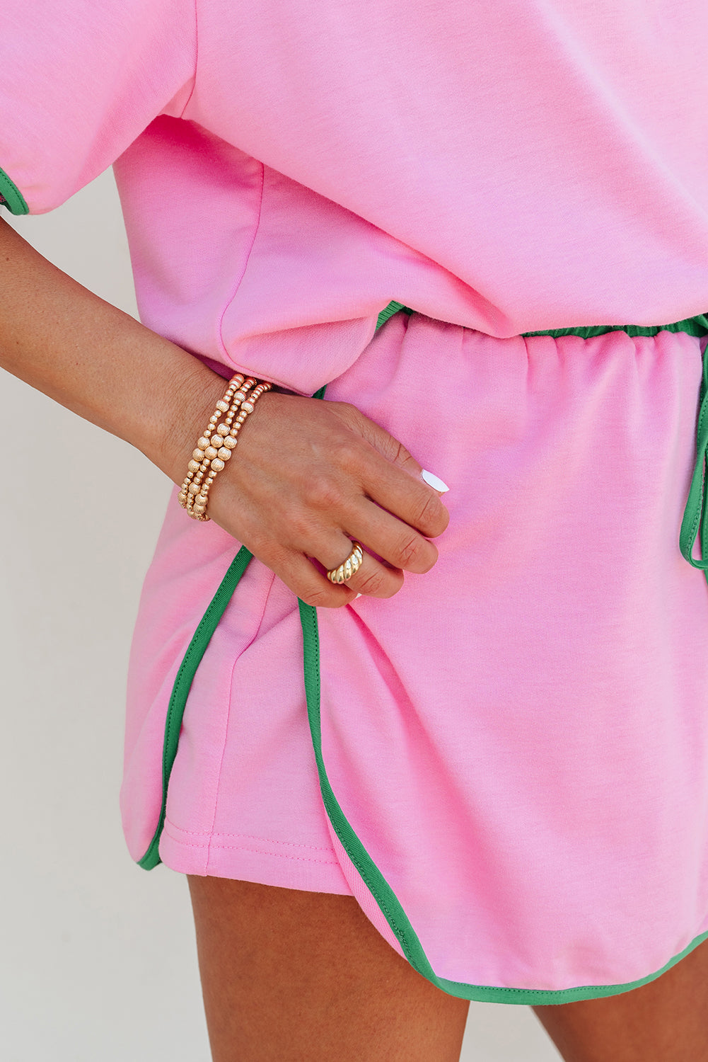 Pink Colorblock Edge Drop Shoulder Skort Set