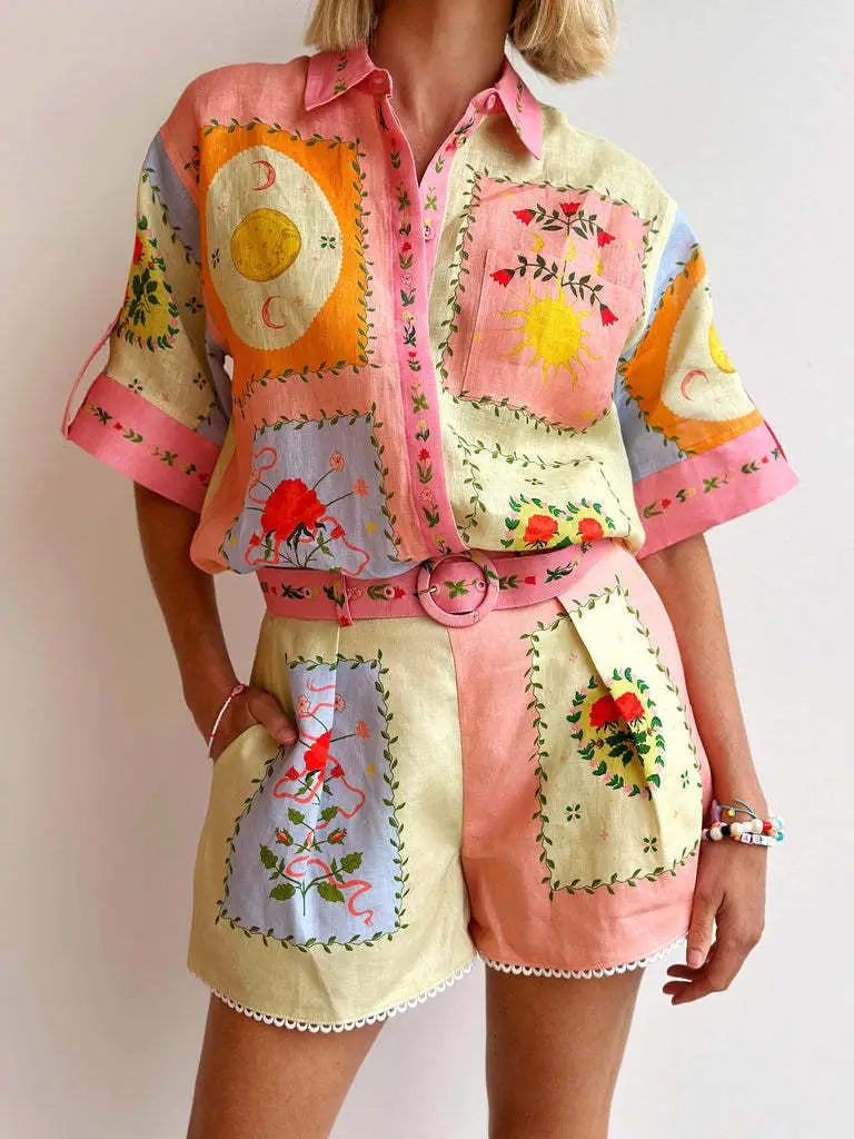 Vibrant Yellow Print Buttoned Shirt and Belted Short set