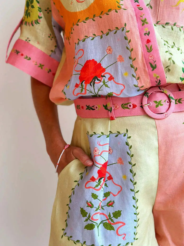Vibrant Yellow Print Buttoned Shirt and Belted Short set