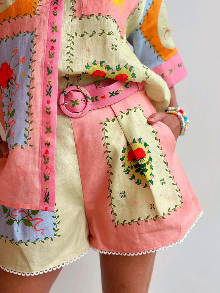 Vibrant Yellow Print Buttoned Shirt and Belted Short set