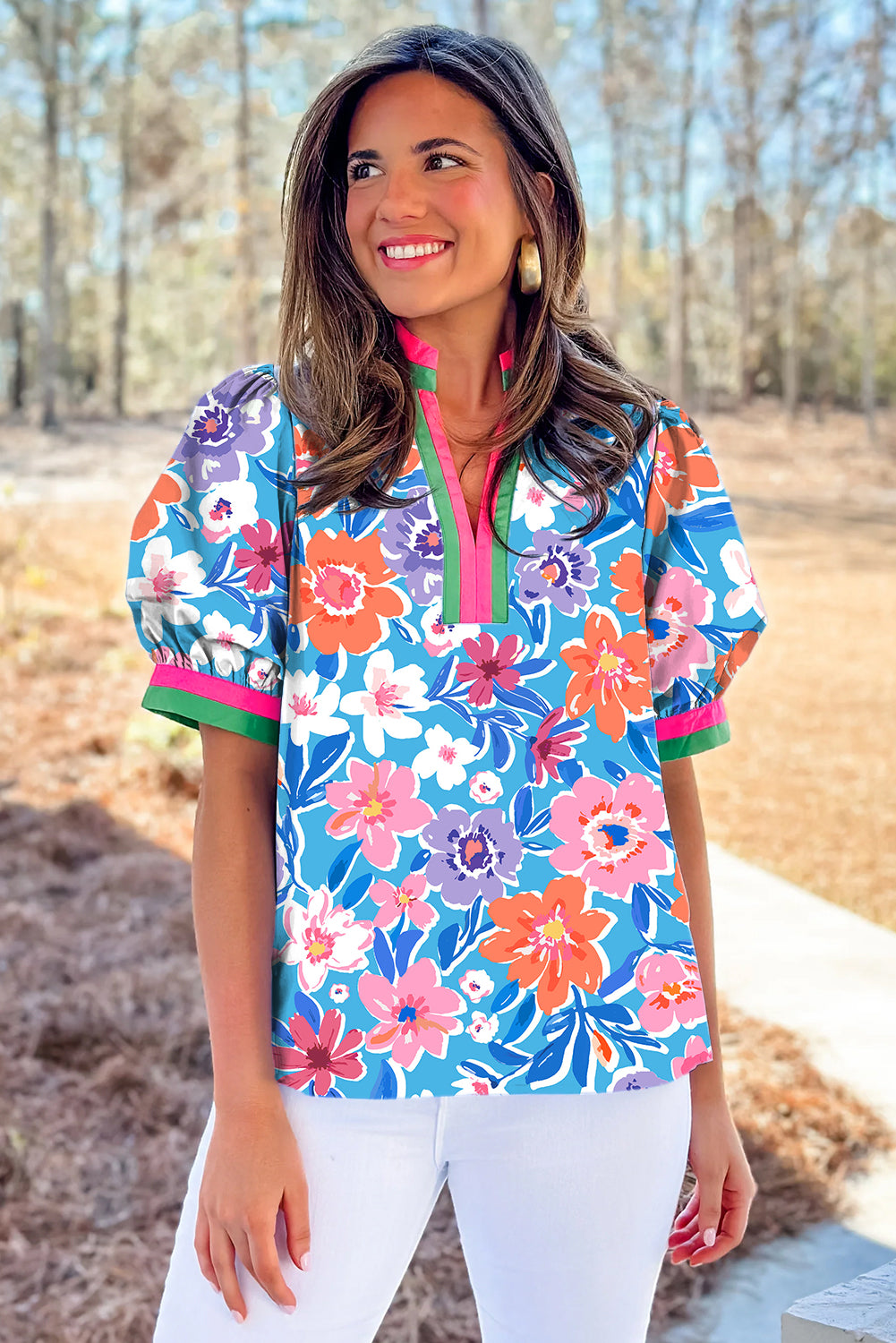 Blue Floral Colorblock Puff Sleeve Top