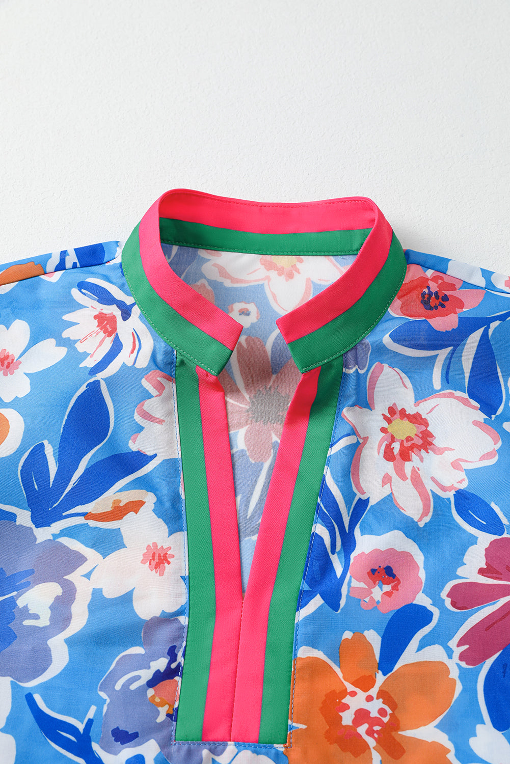 Blue Floral Colorblock Puff Sleeve Top