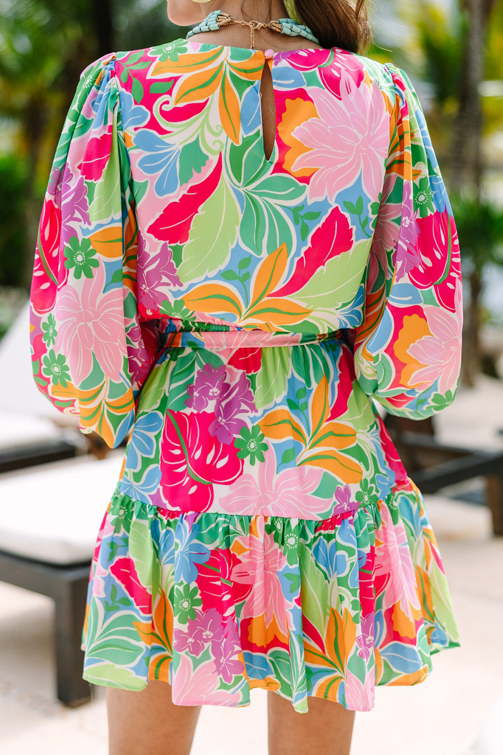 Bright Multicolor Botanical Bubble Sleeve Dress