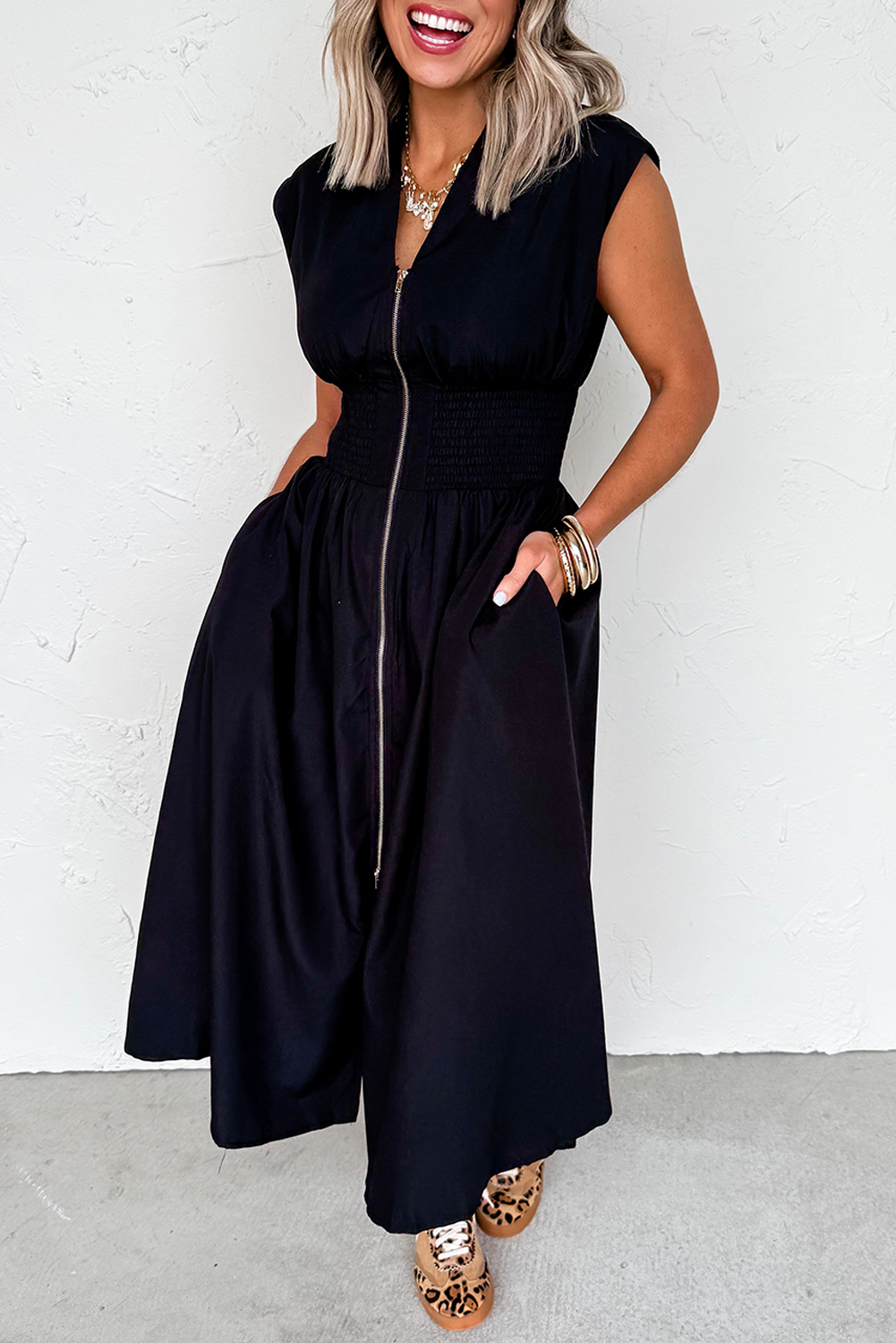 Black Sleeveless Zipped Front Dress