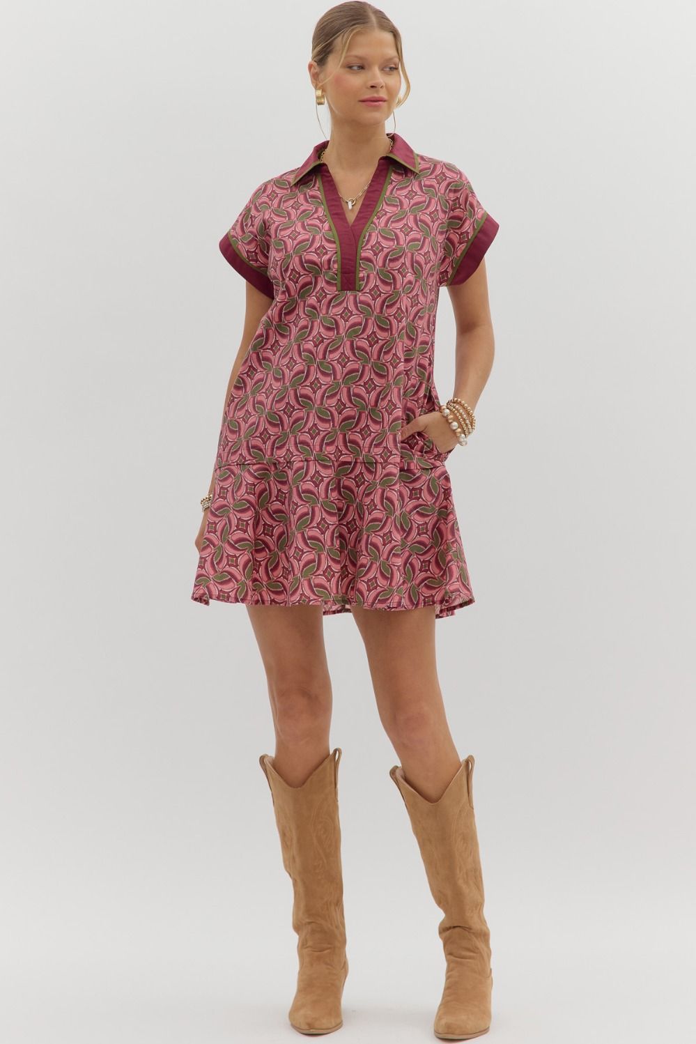 Maroon patterned ruffle hem mini dress