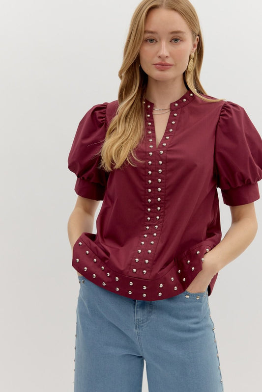 Maroon Silver Studded Puff Sleeve Top
