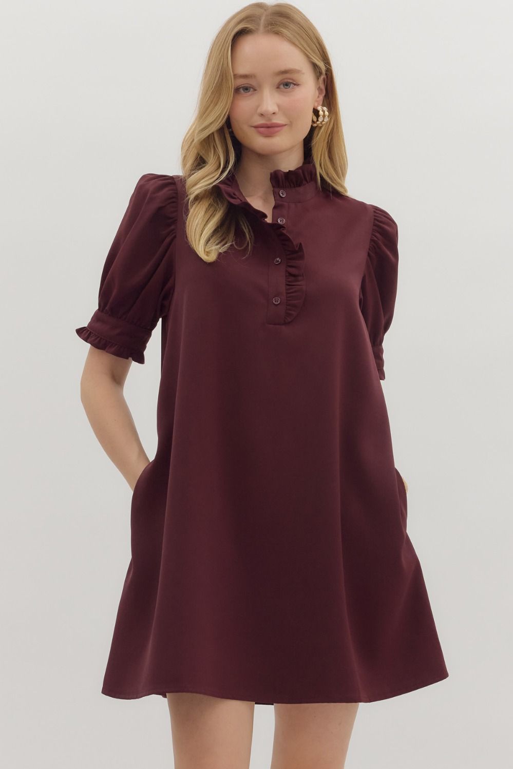 Maroon Solid short puff sleeve mini dress