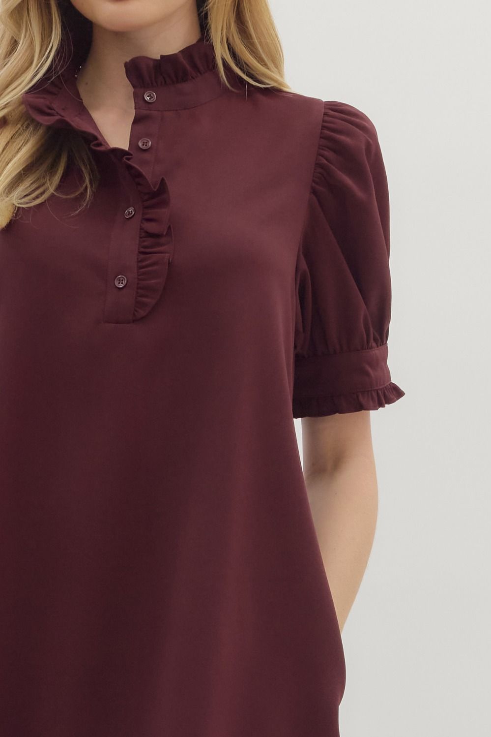 Maroon Solid short puff sleeve mini dress