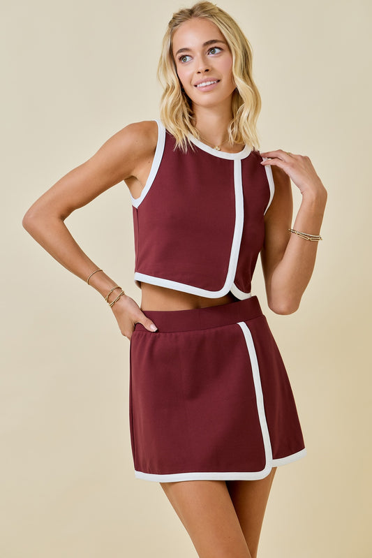 Maroon Sleeveless Cropped Top and Skort With Contrast Binding