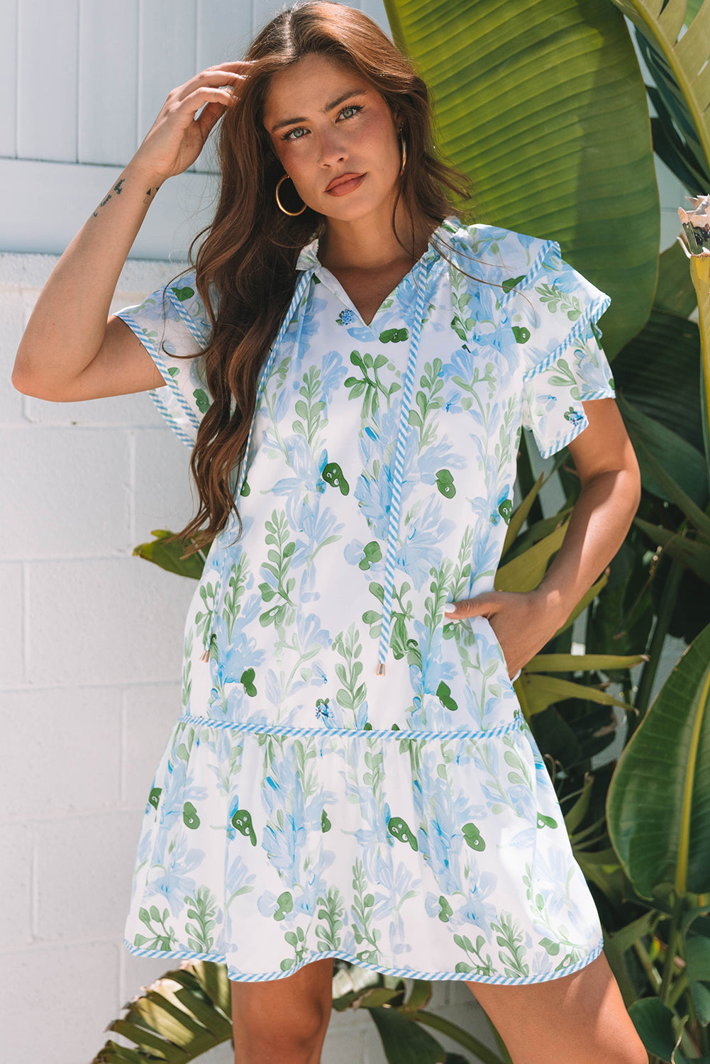 Sky Blue Floral Contrast Edge Mini Dress