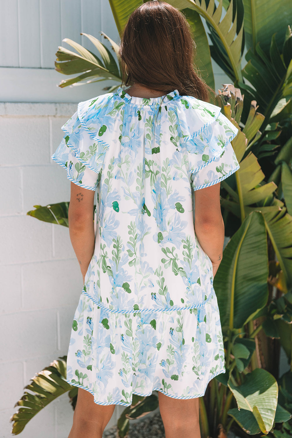 Sky Blue Floral Contrast Edge Mini Dress