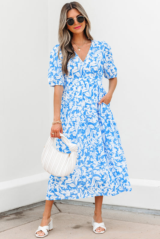 Sky Blue Floral Vneck Puff Short Sleeve Long Dress
