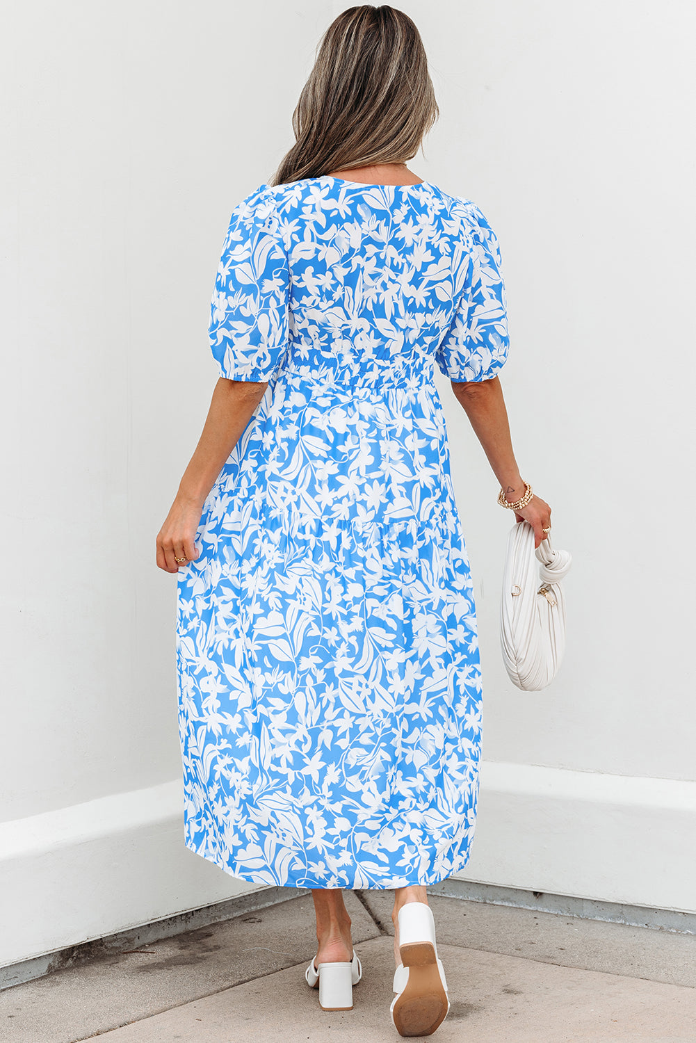 Sky Blue Floral Vneck Puff Short Sleeve Long Dress