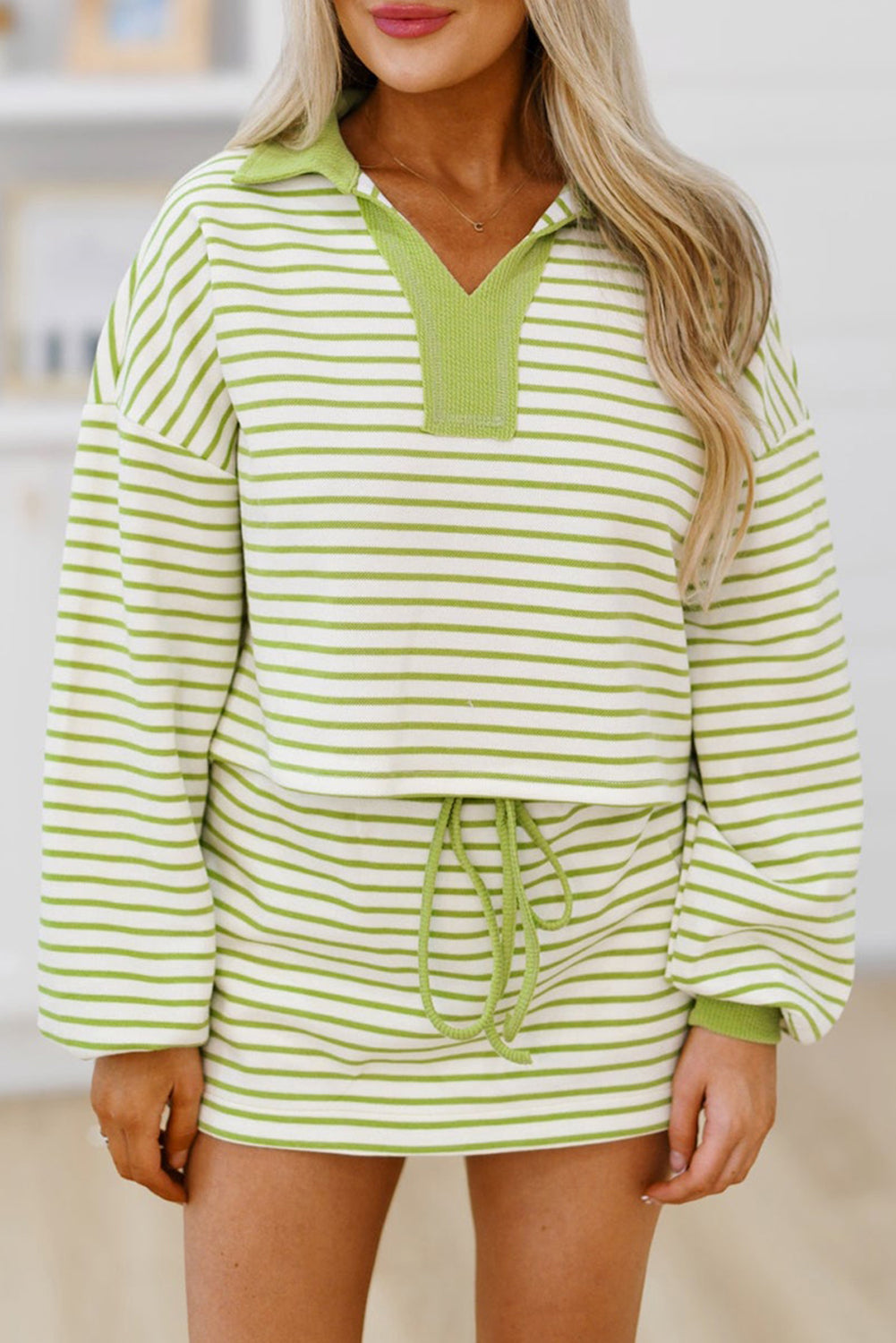 Green stripe collared V-Neck Skort Set