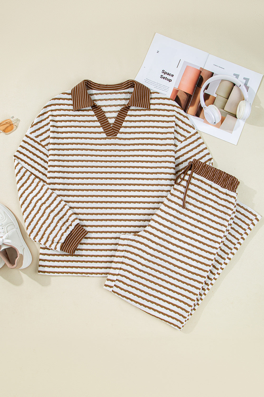 Brown Stripe Collared Pullover Top and Drawstring Pant Set