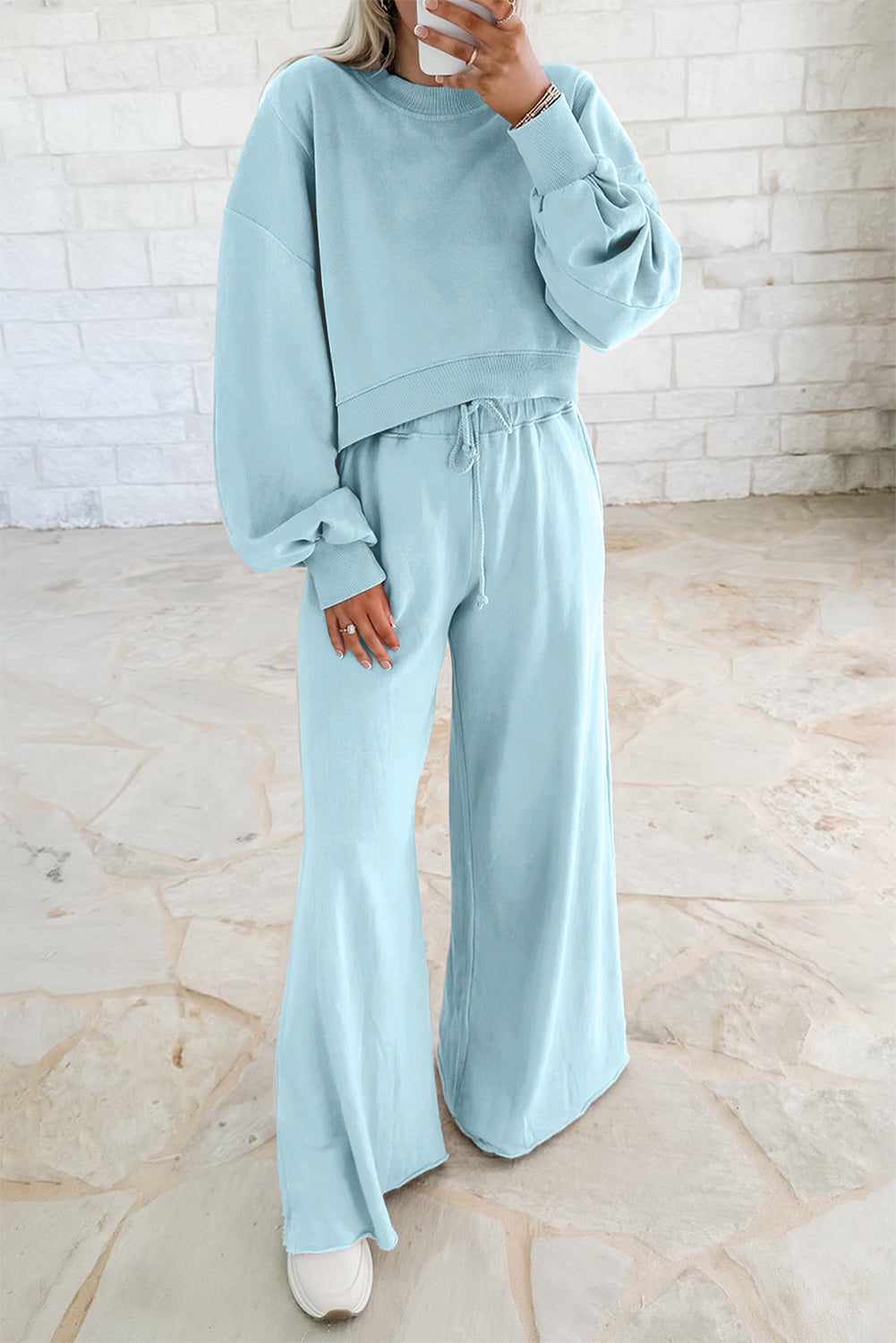 Light Blue Puff Sleeve Drawstring Wide leg pants set