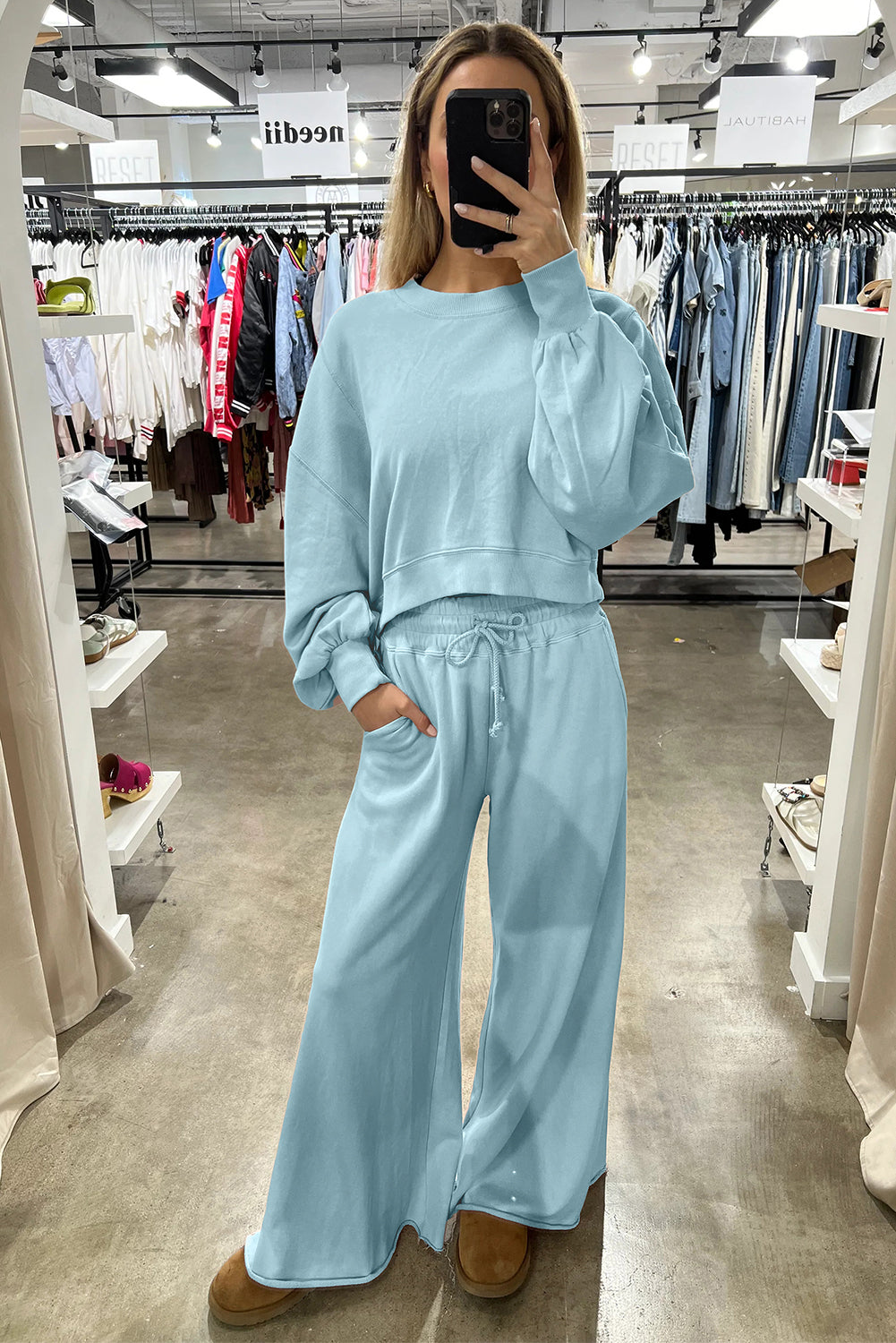 Light Blue Puff Sleeve Drawstring Wide leg pants set