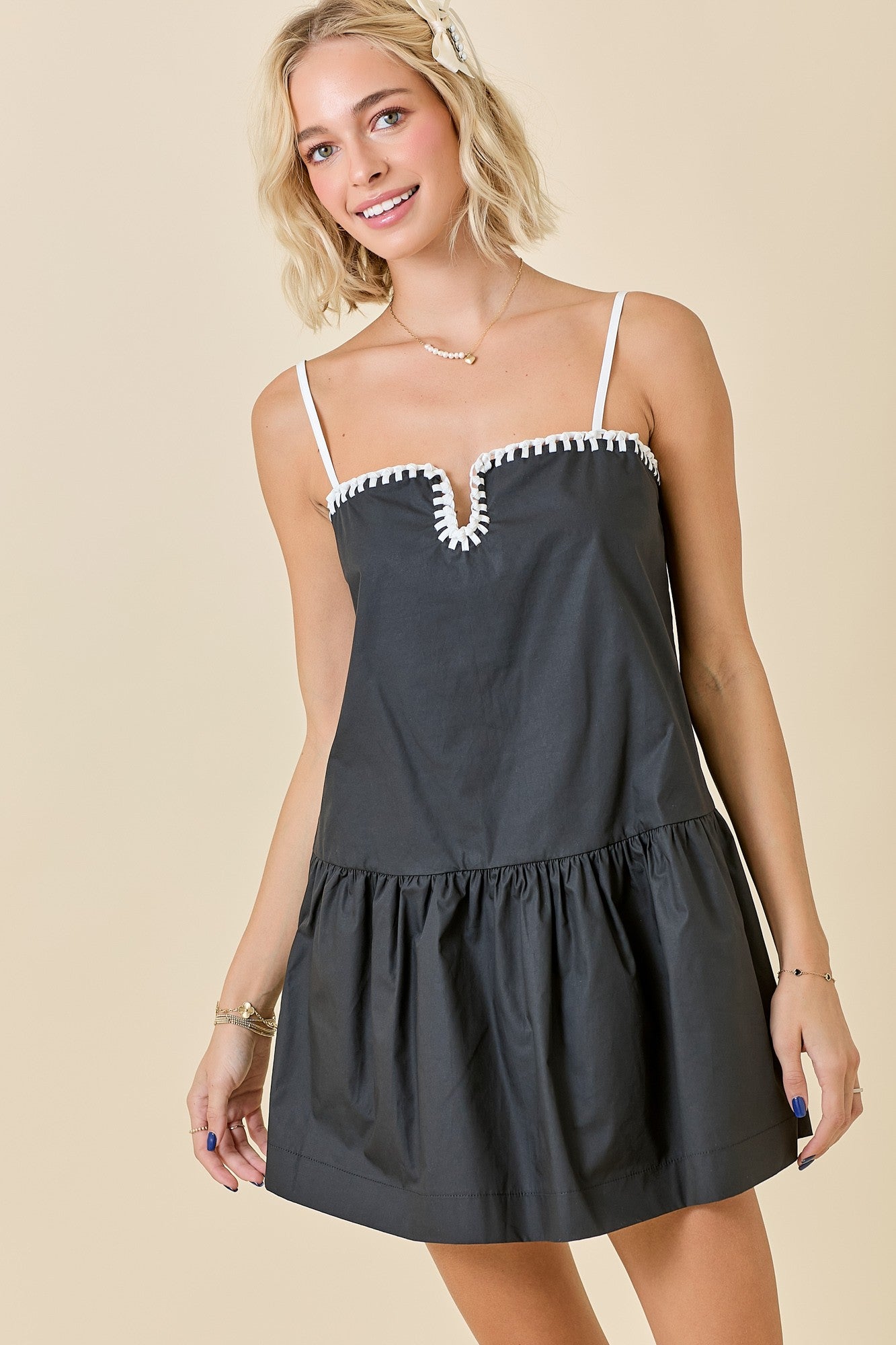 Black Drop Waist Dress W/ Contrast Knotted Edge Detail