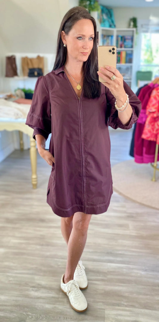Maroon 3/4 sleeve Zipper Front Dress