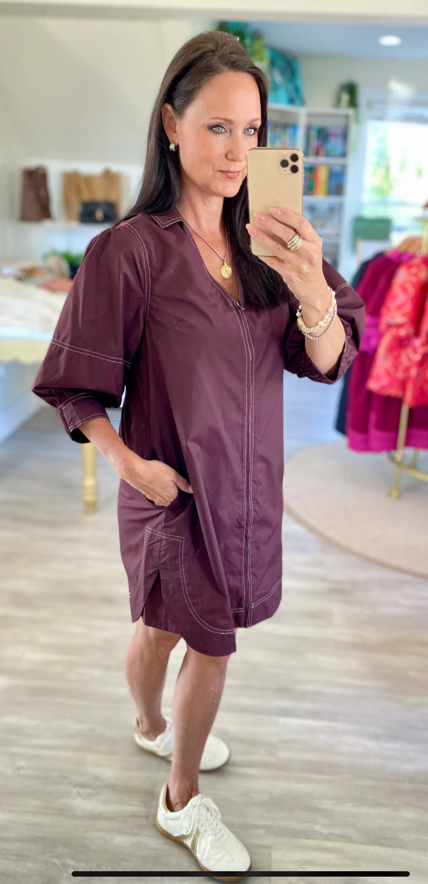 Maroon 3/4 sleeve Zipper Front Dress