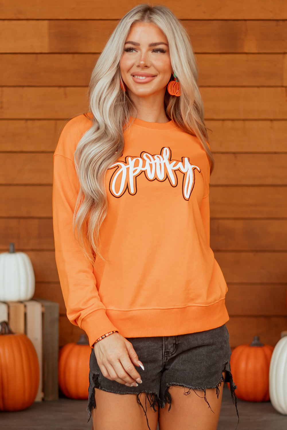 Orange Spooky Graphic Halloween Crew Neck Sweatshirt