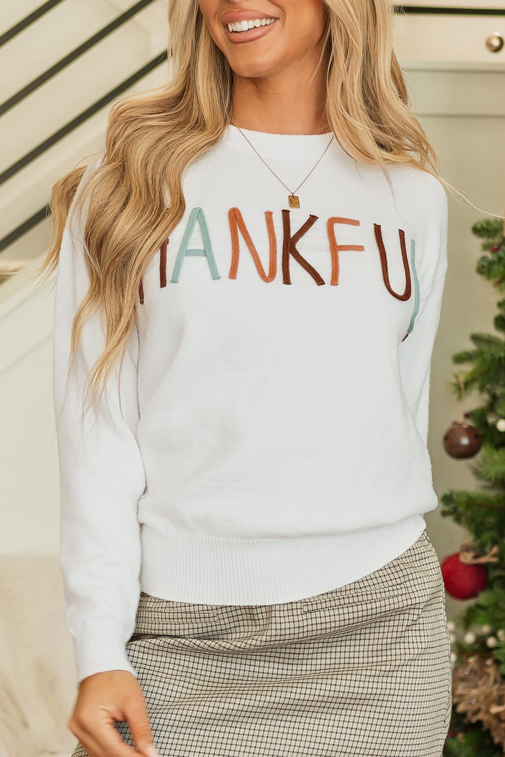 White Thankful Embroidered Sweater