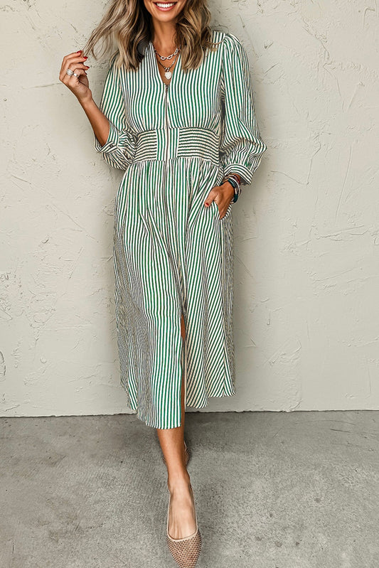 Green Stripe V Neck Zip Front Cinched High Waist Midi Dress