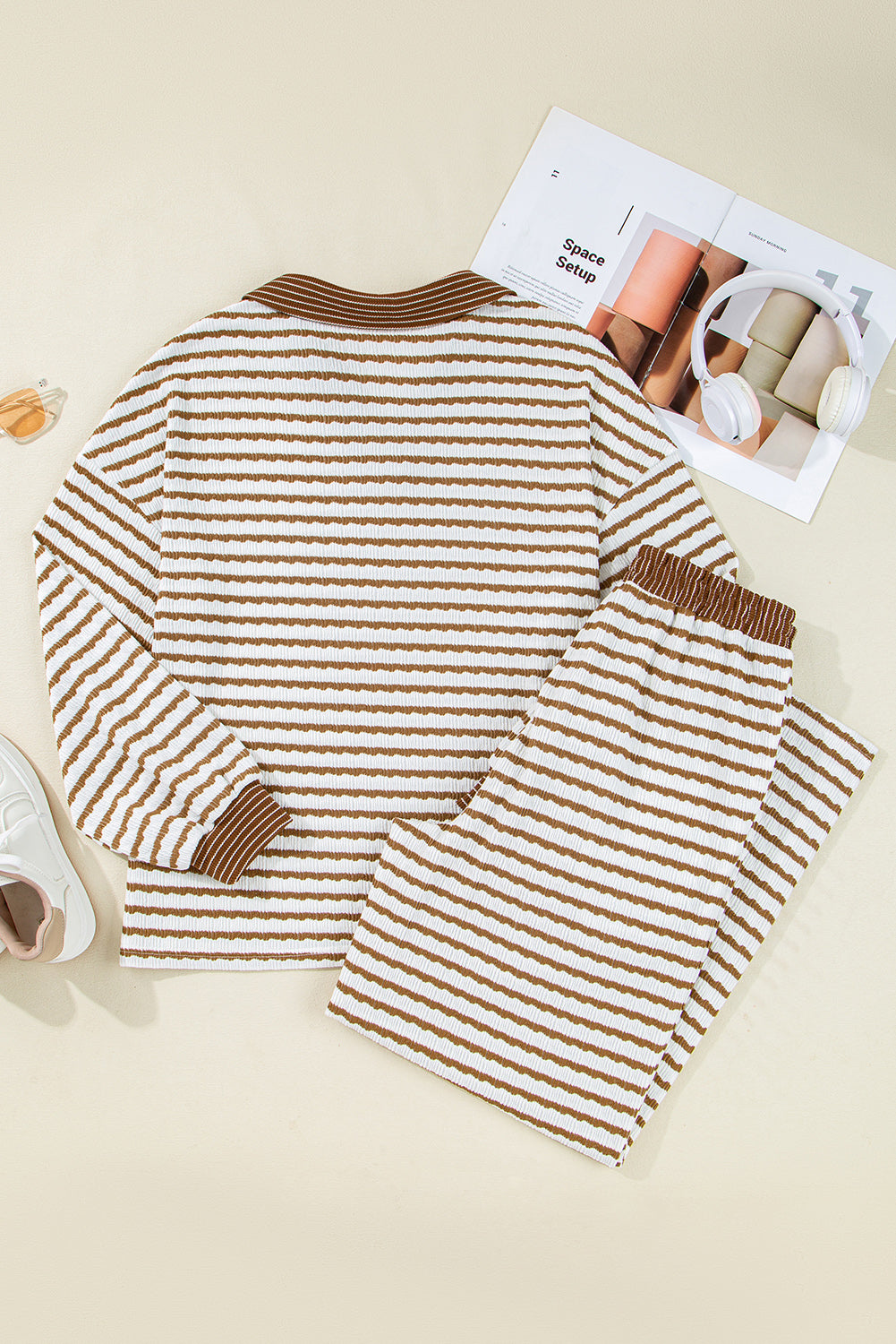 Brown Stripe Collared Pullover Top and Drawstring Pant Set