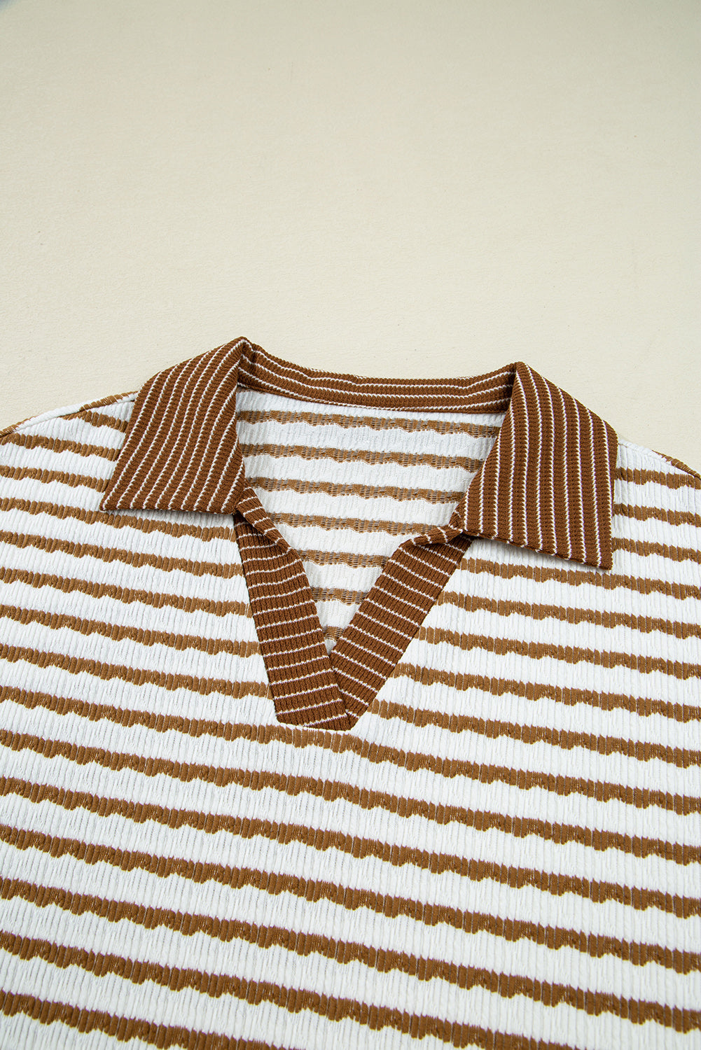 Brown Stripe Collared Pullover Top and Drawstring Pant Set