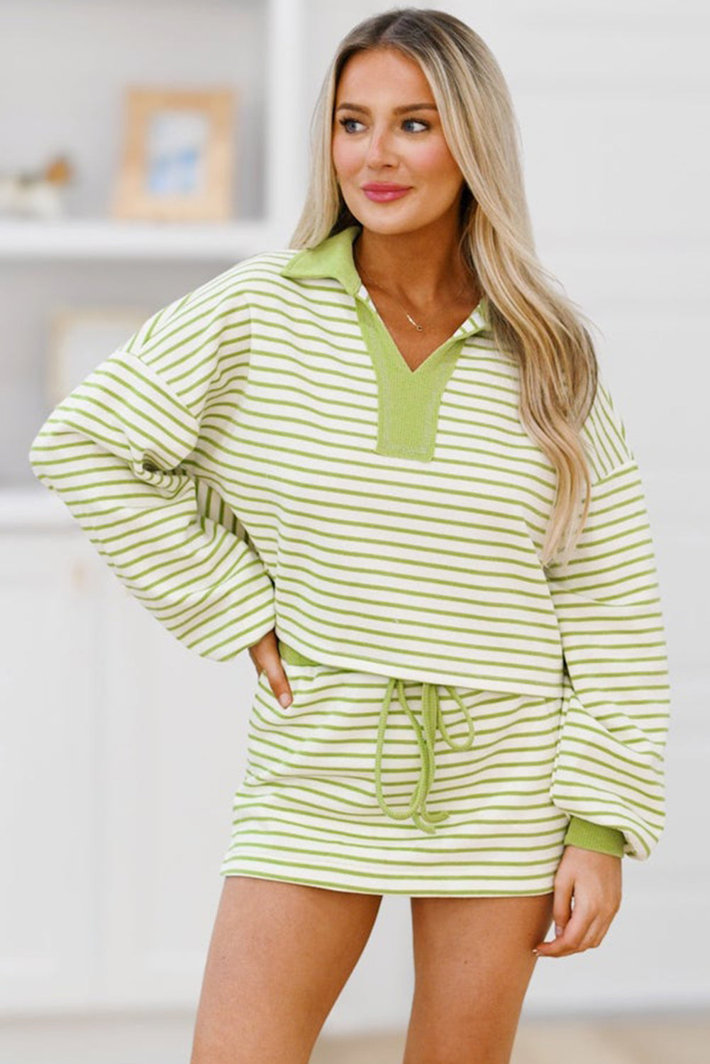 Green Stripe Collared V Neck Drop Shoulder Pullover and Skort