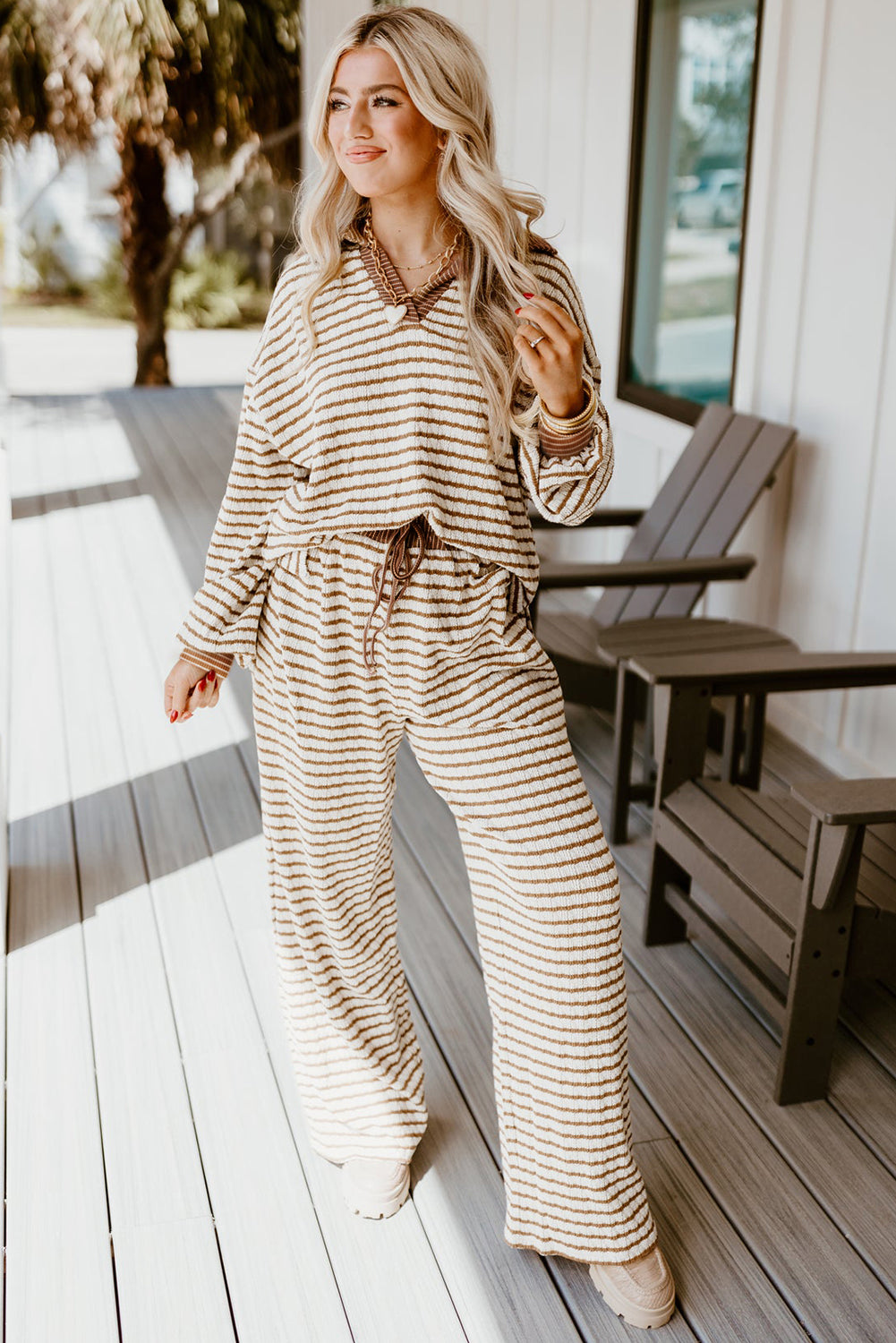 Brown Stripe Collared Pullover Top and Drawstring Pant Set