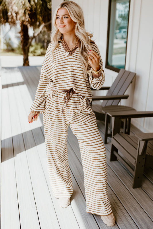 Brown Stripe Collared Pullover Top and Drawstring Pant Set