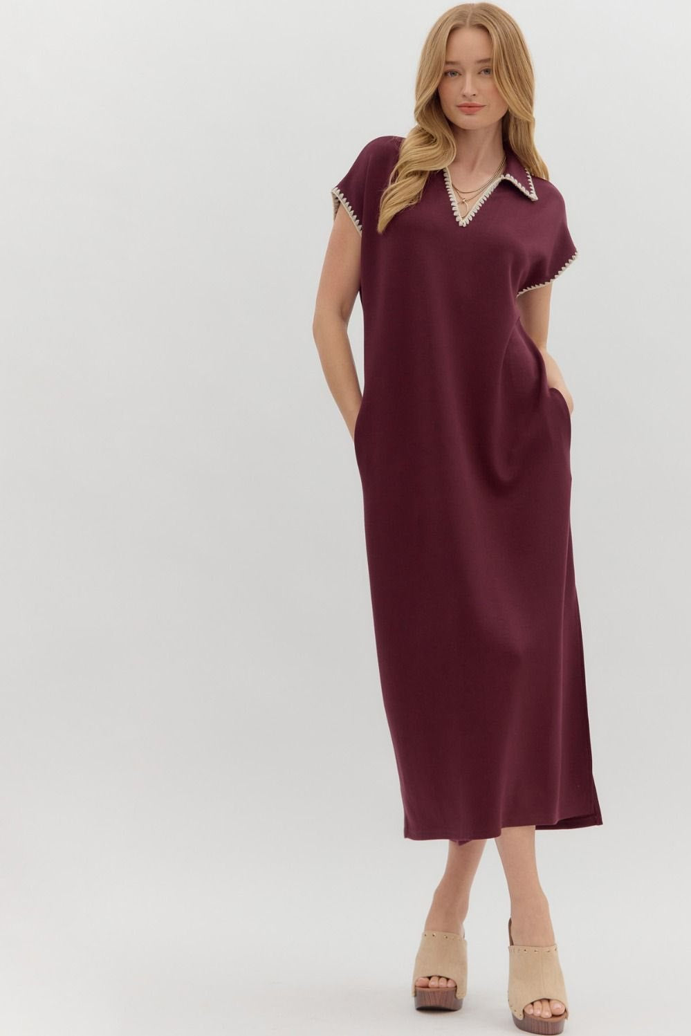 Maroon jersey spread collar short sleeve side slit pullover midi dress