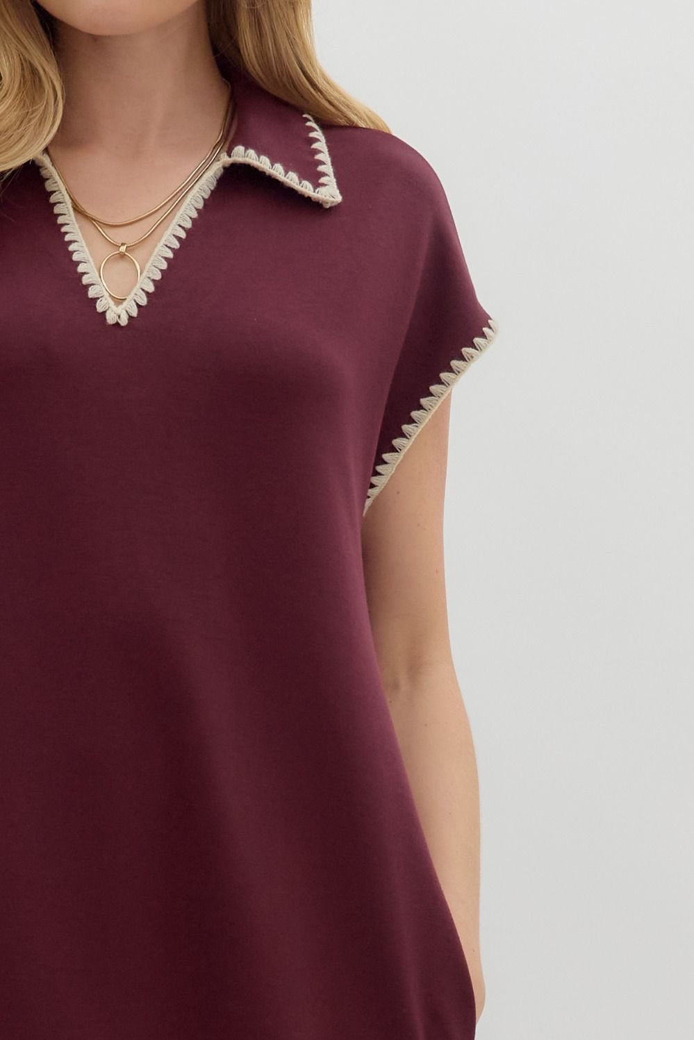 Maroon jersey spread collar short sleeve side slit pullover midi dress