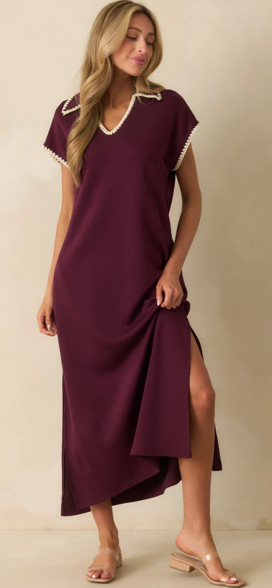 Maroon jersey spread collar short sleeve side slit pullover midi dress