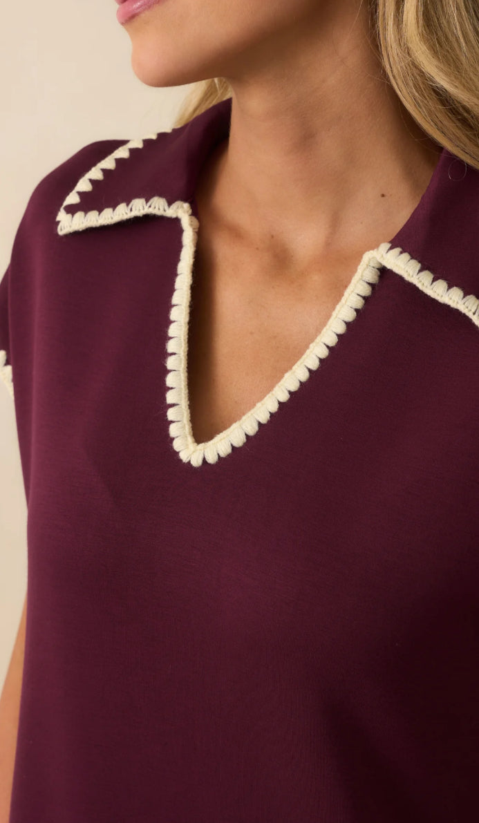 Maroon jersey spread collar short sleeve side slit pullover midi dress