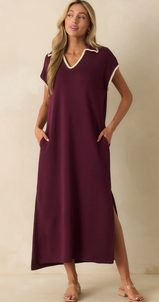 Maroon jersey spread collar short sleeve side slit pullover midi dress