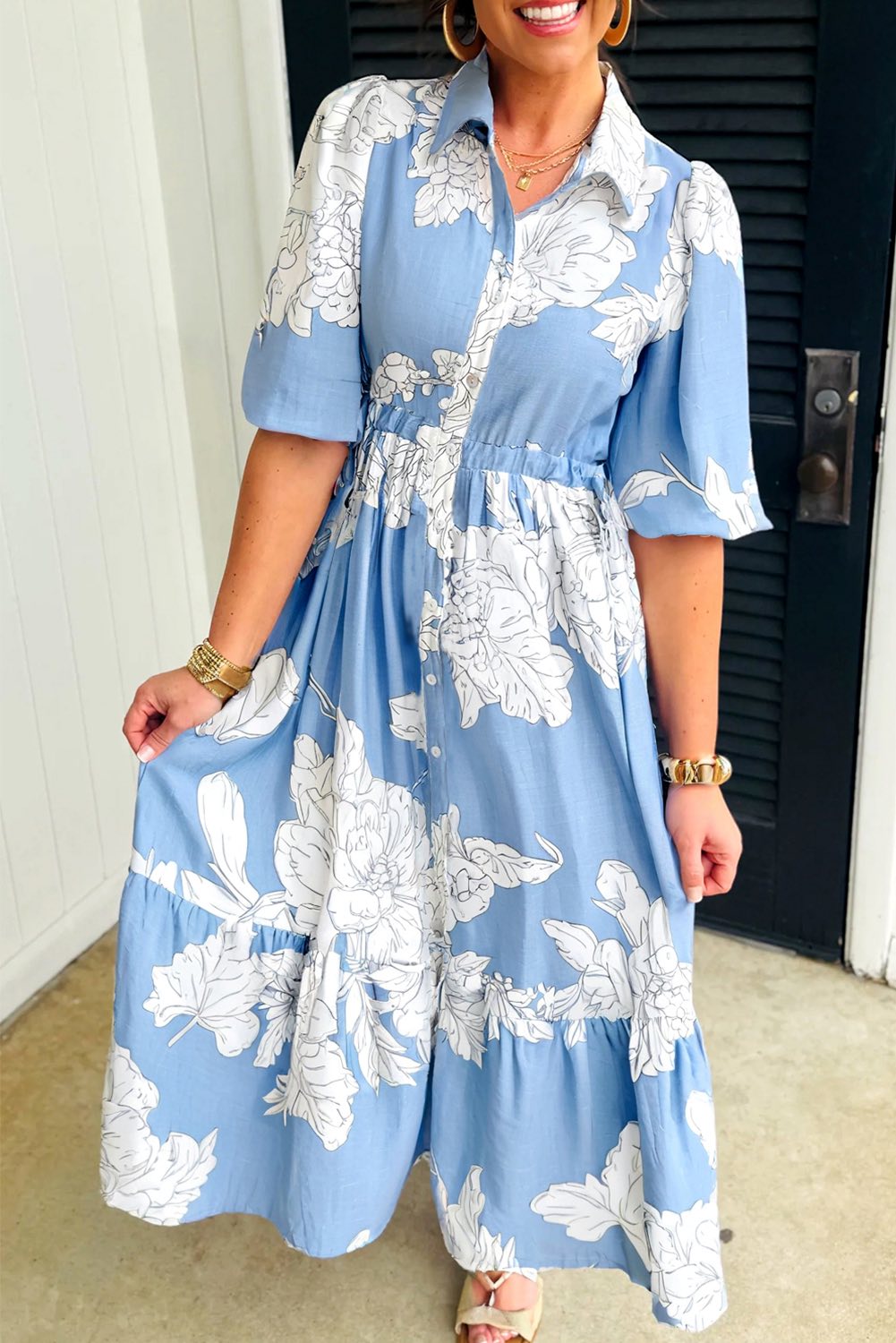 Sky Blue Floral Print Maxi Dress