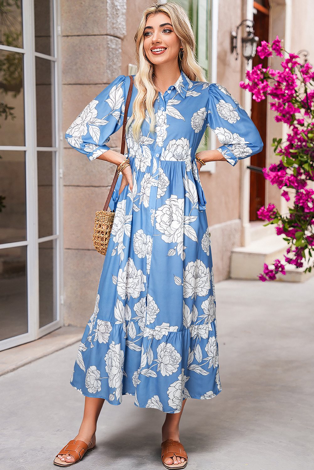 Sky Blue Floral Print Maxi Dress