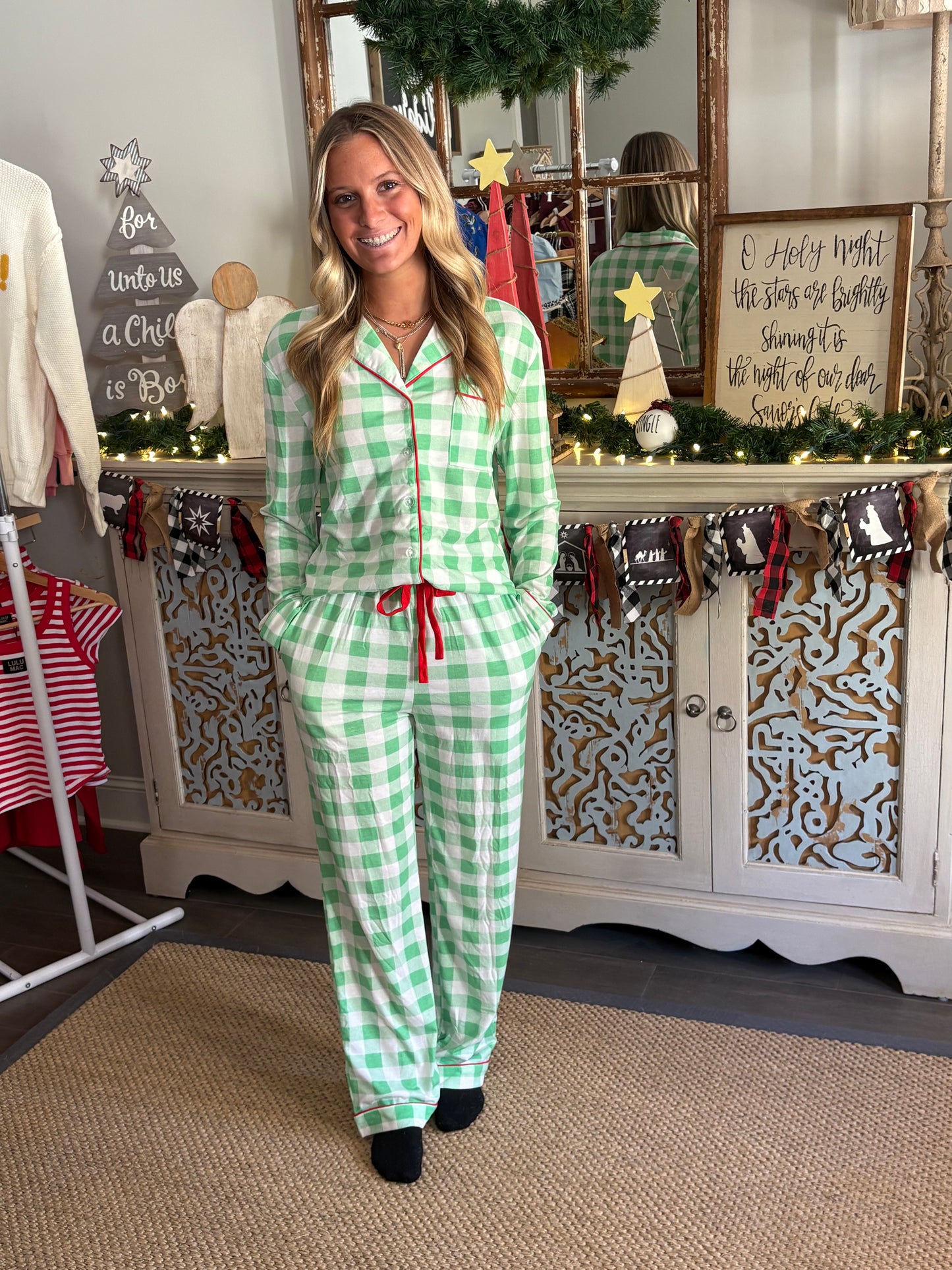 Lime Green Christmas Plaid Print Shirt and Pants Pajama Set