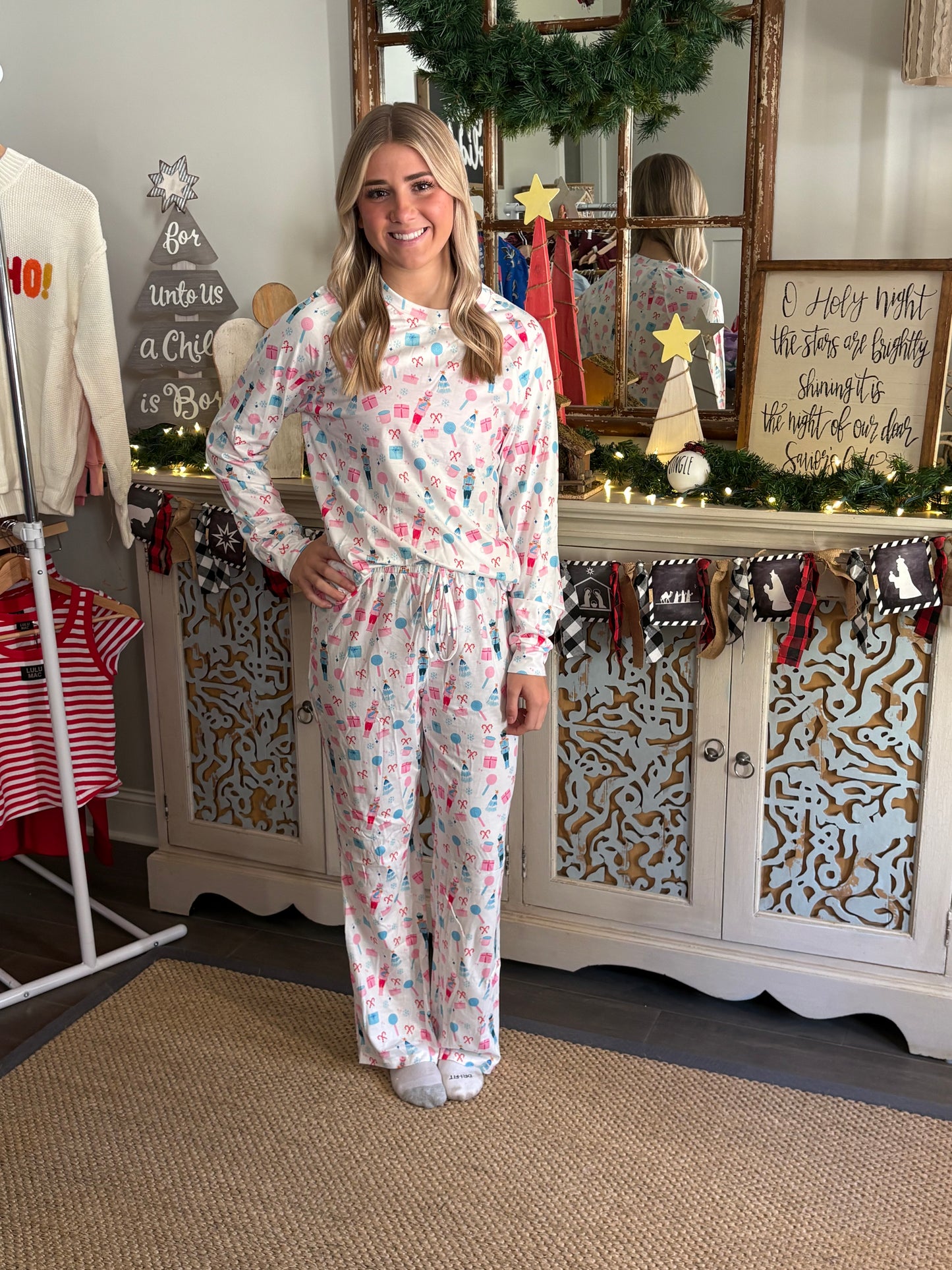 White Christmas Pattern Long Sleeve Top and Wide Leg Pants Set