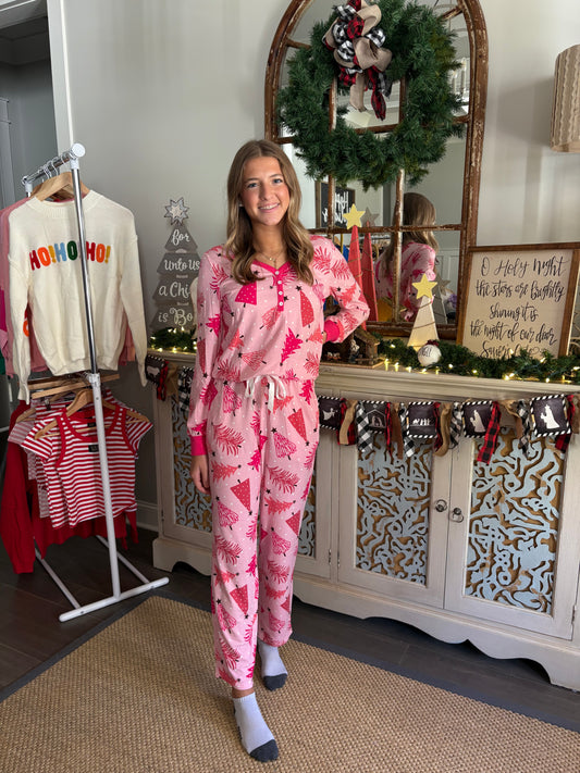 Pink Christmas Tree Print V Neck Buttoned Pullover and Drawstring Pants Lounge Set